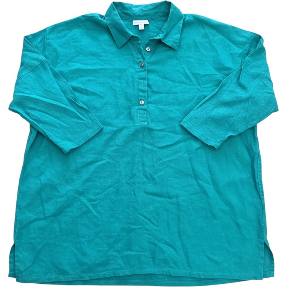 J. Jill Love Linen Teal Green 100% Linen Button Placket Tunic Top Womens Medium